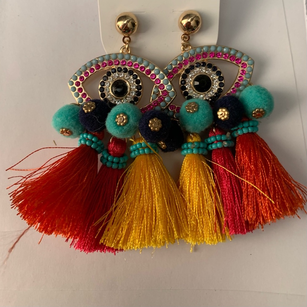 Aldo Multicolour Eye Tassel Statement Earrings Turquoise Red Yellow Pink Black